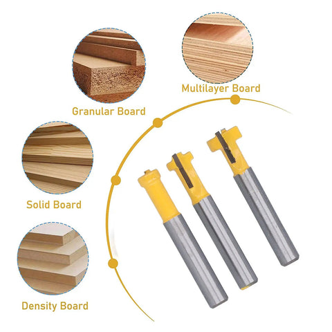 Fabater Keyhole Router Bits Set For Backlash Free T Slot And Sealed Bearing 1/4 Inch Shank on various types of wood boards.