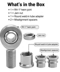 1 Inch Bore Heat Treated Chromoly Steel Heim Joint Rod End Kit With Right Hand Thread Jam Nuts And Tube Adapters displayed with components including jam nut and spacers.