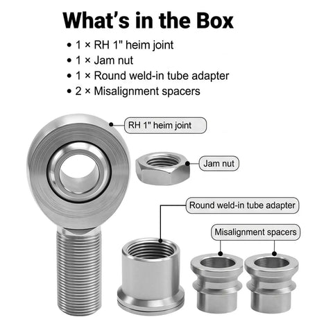 Heavy Duty One Inch Chromoly Heim Joint Rod End Kit With Right And Left Hand Threads Plus Tube Adapter Two Pack displayed with components.