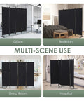4 Panel Room Divider Freestanding Privacy Screen 6 Ft Folding Partition With Wide Feet Portable Black Steel Frame in different settings