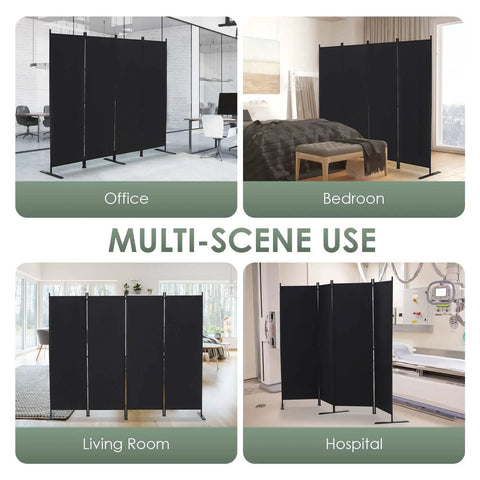 4 Panel Room Divider Freestanding Privacy Screen 6 Ft Folding Partition With Wide Feet Portable Black Steel Frame in different settings