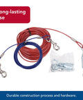Titan Aerial Dog Run For Backyard Freedom A Heavy Duty Tie Out Cable System That Lets Your Pup Roam Safely Up To 50 Lbs Includes Lead Line And Hardware A 50 Foot Trolley Style Cable For Easy Safe Outdoor Play. Red and blue cables with metal clips and hardware for secure installation.
