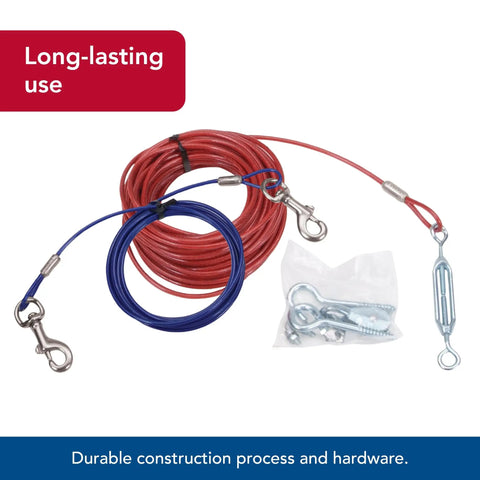 Titan Aerial Dog Run For Backyard Freedom A Heavy Duty Tie Out Cable System That Lets Your Pup Roam Safely Up To 50 Lbs Includes Lead Line And Hardware A 50 Foot Trolley Style Cable For Easy Safe Outdoor Play. Red and blue cables with metal clips and hardware for secure installation.