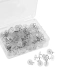 Kickass Upholstery Twist Pins Clear Heads 100 Piece Set in a clear storage box for securing slipcovers and bed skirts.