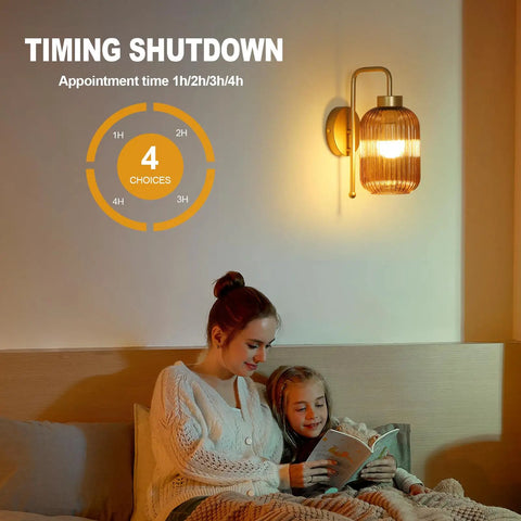 Slick Vintage Gold Wireless Wall Sconces Set Of Two Rechargeable Battery Operated Lights With Amber Stripe Glass Shades and Remote in a cozy bedroom.