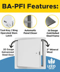 Heavy Duty Fire Rated Access Door Panel 22 By 30 Inch Steel Frame With Flange Two Inch Mineral Wool Insulation For Walls Or Ceilings Clean White Finish with latch and features