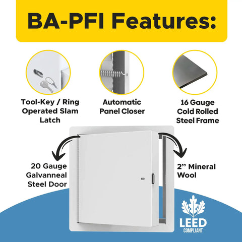 Heavy Duty Fire Rated Access Door Panel 22 By 30 Inch Steel Frame With Flange Two Inch Mineral Wool Insulation For Walls Or Ceilings Clean White Finish with latch and features