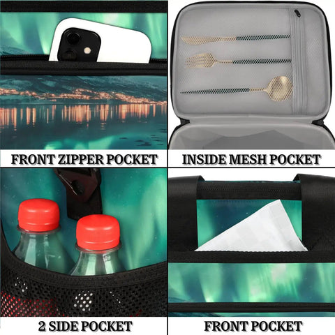 Insulated Picnic Backpack Lunch Bag For Women And Men with various storage pockets including zipper and mesh compartments.