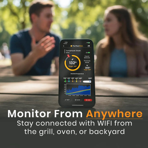 V Prime Wireless Meat Thermometer app display on phone, showing temperature graph and settings for grilling.