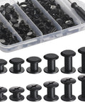 100 Sets Black Chicago Screws Leather Rivets Kit with 6 size assortment, tools, and clear storage box for crafting and repair