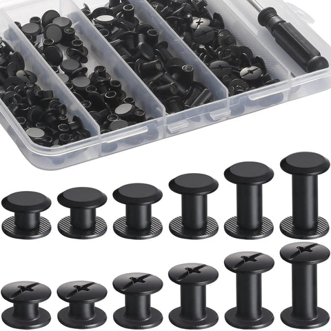 100 Sets Black Chicago Screws Leather Rivets Kit with 6 size assortment, tools, and clear storage box for crafting and repair