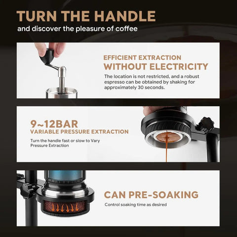 Slick Trail Ready Portable Manual Espresso Maker With Adjustable Temp And Nine Bar Pressure For Straight Up Creamy Lattes On The Go Stainless Steel Hand Pump Coffee Brewing Gear extraction process showing variable pressure features.