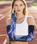 Ice Silk Arm Sleeves With Upf 50 Sun Protection And Cooling Compression To Keep You Chill During Backyard Hangouts Weekend Drives And Summer Workouts Without Breaking A Sweat For Men And Women worn by a woman on a track.