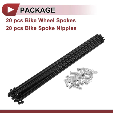 20 Pack 12G Bicycle Spokes 216mm Length Carbon Steel Black For Wheel Building And Repair with nipples displayed