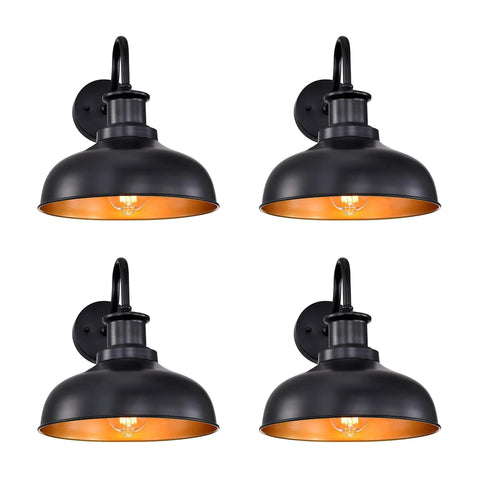 Outdoor Barn Lights 4 Pack Rustic Farmhouse Wall Sconces with Matte Black Finish and Gold Interior displayed in square pattern