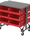 Heavy Duty Steel Mobile Bin Cart Organizer With Powder Coated Worktop For Kickass Garage Organization Setup 38 Inch Wide 24 Inch Deep 36 Inch Tall Gray Badass Rolling Utility Cart with red bins.