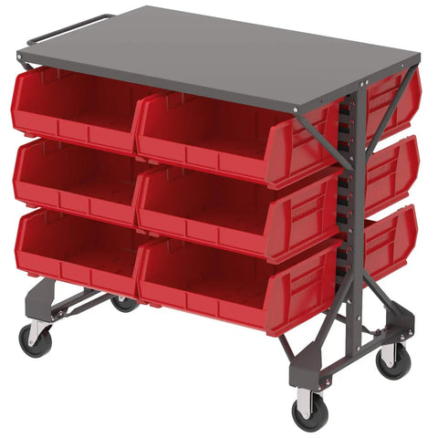 Heavy Duty Steel Mobile Bin Cart Organizer With Powder Coated Worktop For Kickass Garage Organization Setup 38 Inch Wide 24 Inch Deep 36 Inch Tall Gray Badass Rolling Utility Cart with red bins.