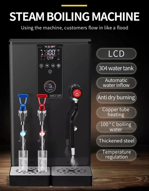 Top Shelf Electric Coffee Frothing Machine And Automatic Milk Steamer Built With Heavy Duty Stainless Steel For Pro Level Smooth Foam And Barista Grade Shots In Matte Black, featuring LCD and dual taps.