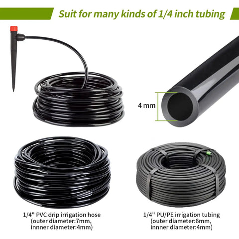 No-Fuss 1/4 Inch Drip Irrigation Emitters Set, 25 Pack With Lock Barbed Connectors and hoses for garden plants and flowers.