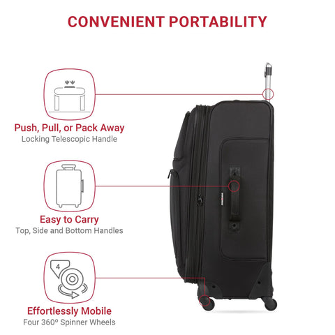 Side view of Softside Expandable Checked Luggage For Long Trips With 360 Spinner Wheels And Retractable Handle, 29 Inch Large Black Suitcase, SwissGear