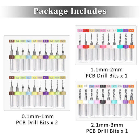 40 Pc PCB Drill Bit Set From 0.1mm To 3.0mm Micro Drill Bits With Spiral Flute Carbide For PCB Engraving CNC Jewelry Metal Stone Crafting; drill bits with size labels and colored rings.