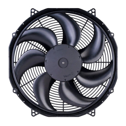 Spal High Output 16 Inch Curved Blade Puller Cooling Fan With Powerful Airflow For Radiator Systems, black steel frame design.