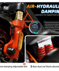 Close-up of air-hydraulic damping system on Dual Motor 1600W Electric Scooter for Adults, 1152Wh Battery, Off Road Self Sealing Tires.