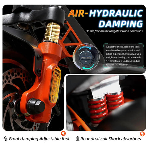 Close-up of air-hydraulic damping system on Dual Motor 1600W Electric Scooter for Adults, 1152Wh Battery, Off Road Self Sealing Tires.
