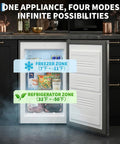 Dang Solid Upright Freezer 3.1 Cu Ft Single Door Vertical Deep Storage With Adjustable Shelves And Simple Mechanical Temp Control No Fuss Build For Garage Kitchen Or Basement In Slick Stainless Steel Finish with freezer and refrigerator zones visible.