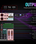 Six Channel Bluetooth Audio Mixer With 16 DSP Echo Effects And 7 Band EQ, USB Interface, detailed output panel diagram