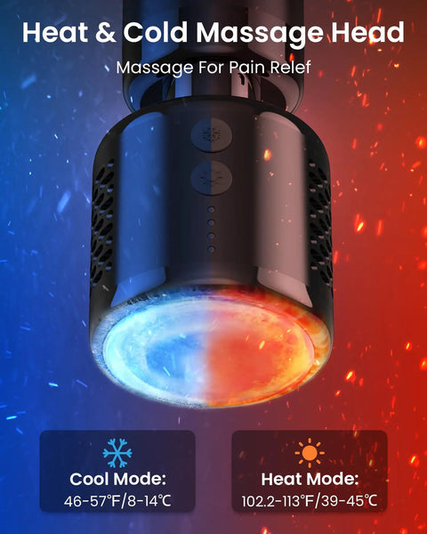 Deep Tissue Massage Gun With Heat And Cold Therapy head showing temperature modes and settings for muscle soreness relief