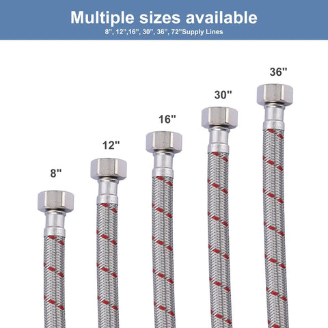 Built Tough Braided Stainless Steel Faucet Supply Lines Twenty Inch Length With Half Inch Female Iron Pipe Connectors Drip Free Sink Hose Swaps No Sweat Hookup For Kitchen And Bathroom Renovations with various length options showcased.