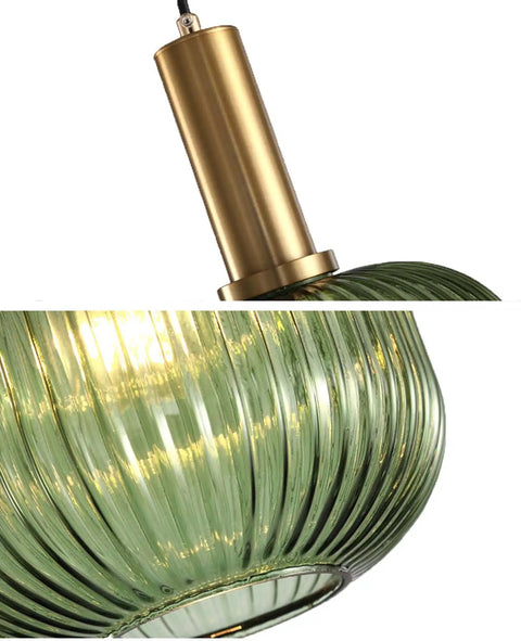 Close-up of Industrial Vintage Glass Pendant Lighting with Brass Finish, featuring a 11.8 inch green glass shade and adjustable cable