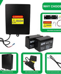 Heavy Duty Steel Battery Box With Two 12V 7Ah Lead Acid Cells For 12Volt To 24Volt Driveway Swing Gate Openers showcasing waterproof casing and accessories.