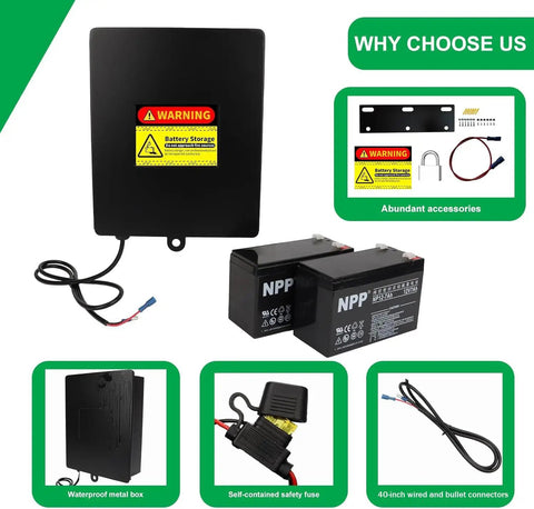 Heavy Duty Steel Battery Box With Two 12V 7Ah Lead Acid Cells For 12Volt To 24Volt Driveway Swing Gate Openers showcasing waterproof casing and accessories.