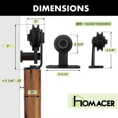 Dimensions of T-shape rollers for Black Rustic Sliding Barn Door Hardware Kit For Two Doors With 7ft Flat Track And T Shape Rollers Heavy Duty For Interior And Exterior Use Non Bypass Design.