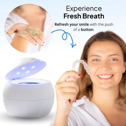ShinePod Ultrasonic Retainer Cleaner With UV Light For Dental Pods Quick 5 Minute Deep Clean Bacteria Virus Plaque Removal Chemical Free Sanitizer For Braces Retainers And Aligners shown with clear aligners and cleaner