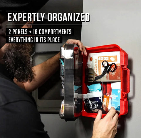 Red Everlit 400-piece OSHA/ANSI Type III first aid kit open with scissors and medical supplies