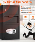 Heavy Duty Depository Drop Safe With Quick Deposit Slot Digital Keypad And Spare Key Perfect For Biz Cash Drops Retail Mailroom Church Or Home Keeps Cash And Documents Secure And Easy To Store with smart alarm system description in background, showing digital keypad and red alarm light.