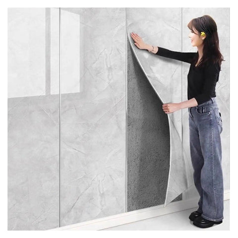 Peel And Stick White Brick Wallpaper 3D Wall Covering With Slick XPE Backing For A Zero Sweat Install, woman applying wallpaper.