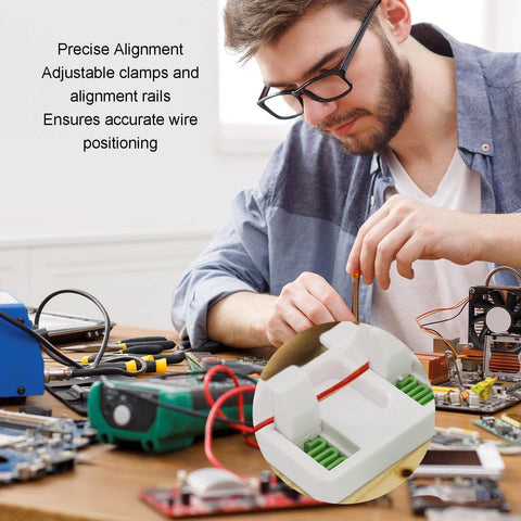 Man using Electric Wire Welding Fixture Clamp Adjustable Soldering Jig For Precise Alignment In MIG TIG And Spot Welds Heat Resistant Insulation Durable Pro Grade Workhorse Easy Setup For Shop Pros Green White Finish on electronics workspace.