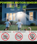 7500 Lumen Motion Sensor Outdoor Flood Light With 3 Adjustable Heads illuminating a house exterior at night. IP66 waterproof.