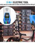 Digital Circuit Breaker Finder With GFCI Tester And Color LCD Display For Ninety To One Hundred Thirty Five Volts AC Circuits Quick Breaker Identification Built In Buzzer Alarm Batteries Included And Carrying Case Easy Setup in use within an electrical panel, showcasing the device's display and functionality.
