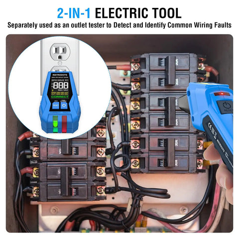 Digital Circuit Breaker Finder With GFCI Tester And Color LCD Display For Ninety To One Hundred Thirty Five Volts AC Circuits Quick Breaker Identification Built In Buzzer Alarm Batteries Included And Carrying Case Easy Setup in use within an electrical panel, showcasing the device's display and functionality.