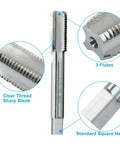 Close-up of 1/2-20 UNEF Tap highlighting sharp threads, 3 flutes, and square head for machinists and engineers.