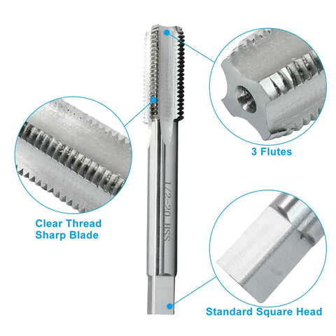 Close-up of 1/2-20 UNEF Tap highlighting sharp threads, 3 flutes, and square head for machinists and engineers.