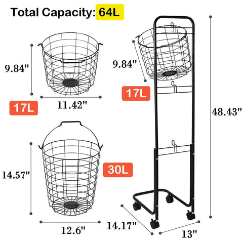 Three-Tier Laundry Cart On Wheels With Heavy-Duty Wire Baskets dimensions, showing total capacity of 64L with removable bins.