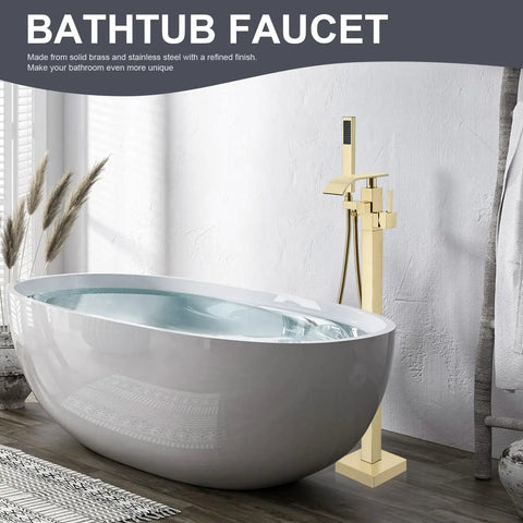 Gold Polished Floor Mounted Tub Filler Faucet With Handheld Sprayer next to modern freestanding bathtub