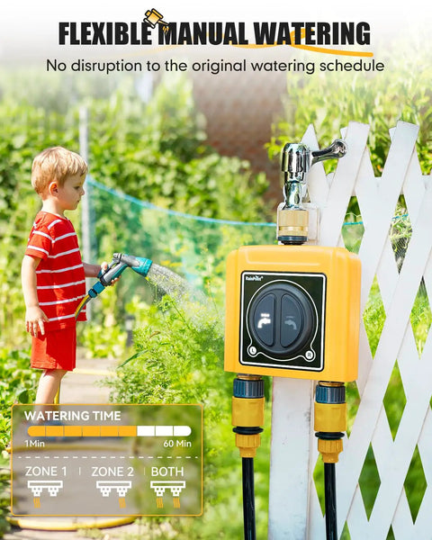 Child watering garden with 2 Zone WiFi Hose Timer With Brass Inlet And Outlet, Smart Sprinkler Controller attached to fence.