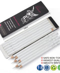 White Charcoal Pencil Set Six Pack For Dark Paper Highlights And Sketching Pro Grade Blendable Pencils For Drawing Shading And Blending Beginners To Artists Dope Quality, displayed with packaging and size